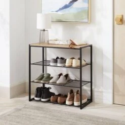 4 Tier Shoe Rack Black Metal With Natural Wood - Brightroomâ„¢