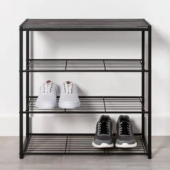 4 Tier Shoe Rack Black Metal With Black Oak Wood - Brightroomâ„¢
