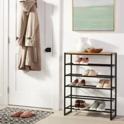 5 Tier Shoe Rack Black Metal With Natural Wood - Brightroomâ„¢