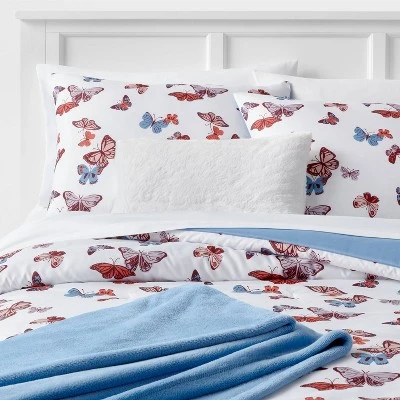 Butterfly Print Microfiber Decorative Bed Set With Throw Blue/Red/White - Room Essentials™ - Image 7
