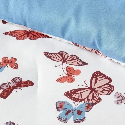 Butterfly Print Microfiber Decorative Bed Set With Throw Blue/Red/White - Room Essentials™ - Image 3