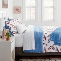 Butterfly Print Microfiber Decorative Bed Set With Throw Blue/Red/White - Room Essentials™